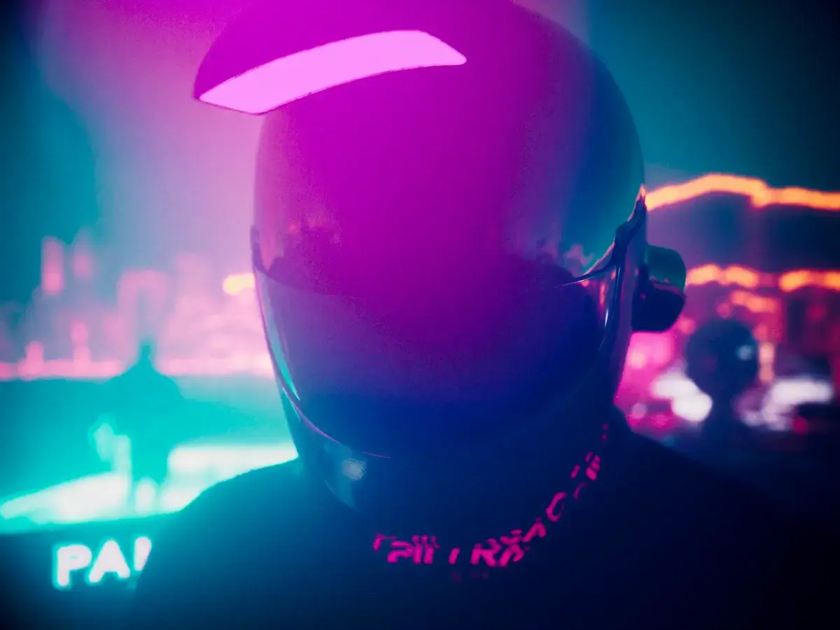 Stylized synthetic 3D avatar character in a neon cyberpunk setting — placeholder cover art