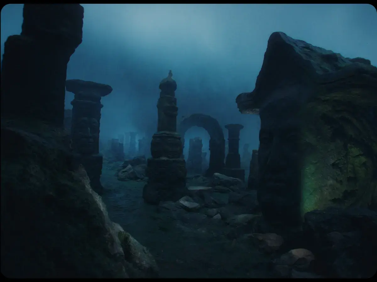 Misty overgrown ruins in cold fog — placeholder cover art