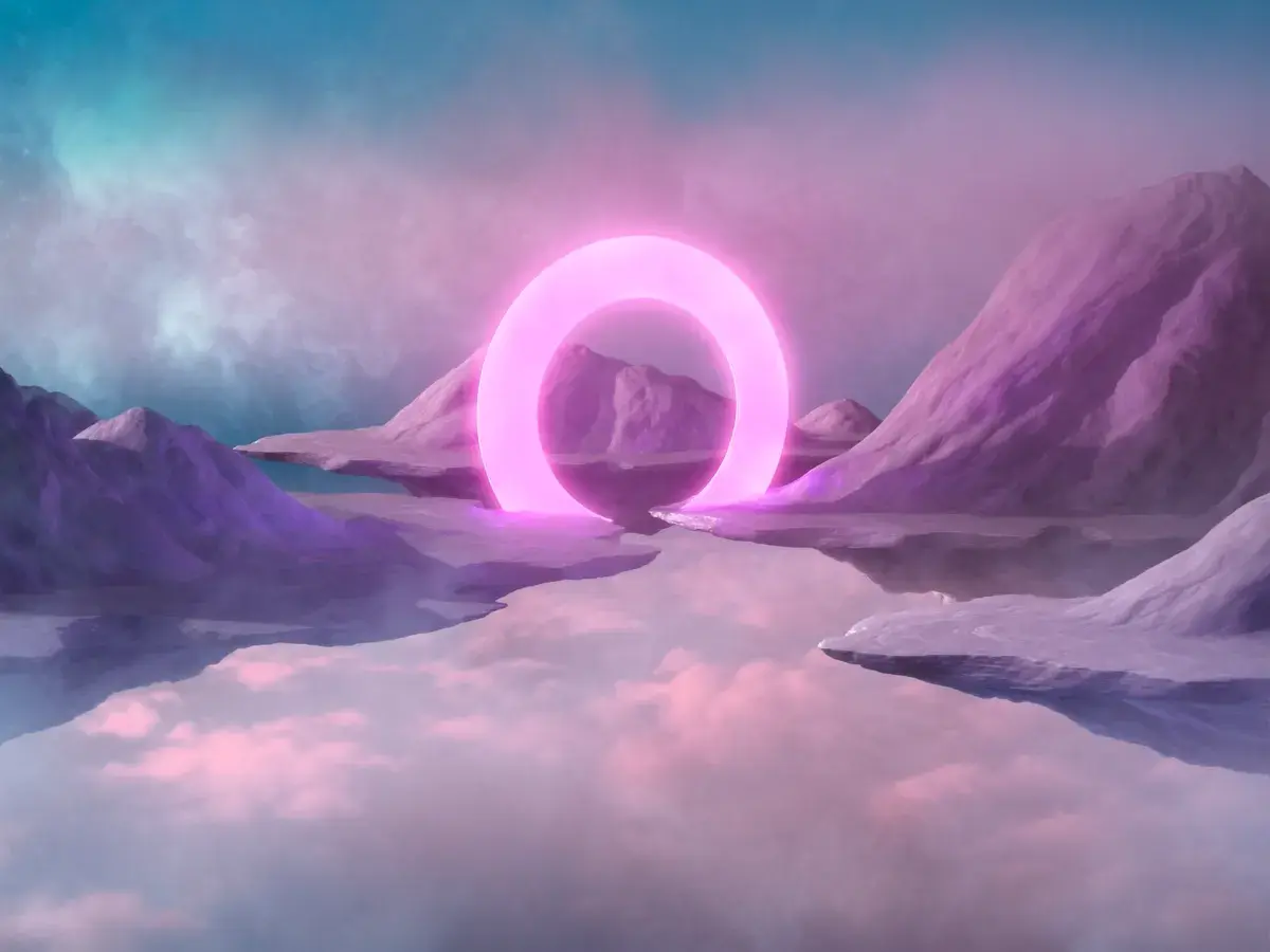 Glowing pink portal amid dreamlike clouds — placeholder cover art