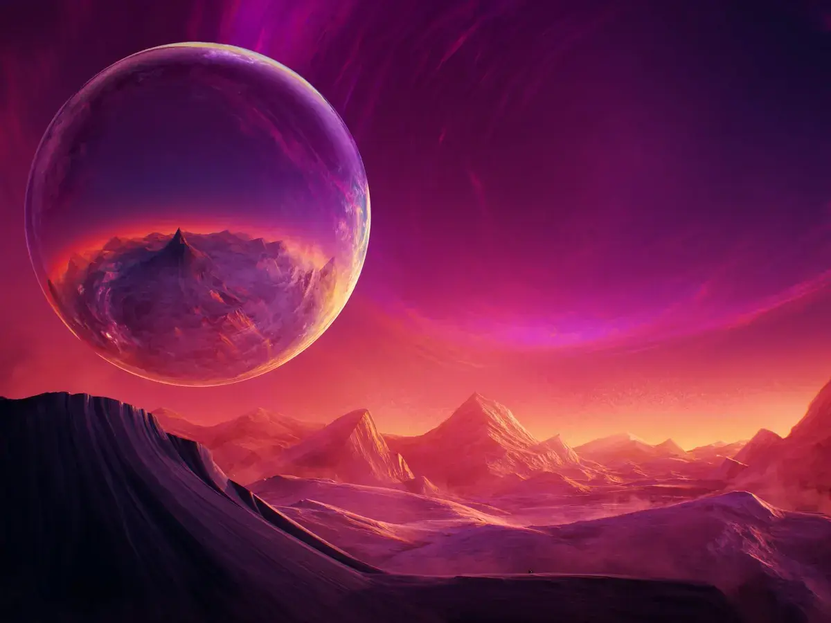 Colossal reflective sphere above alien rock formations under a cosmic sky — placeholder cover art
