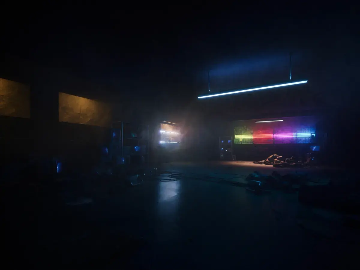 Dark tech warehouse lit by glitchy neon strips — placeholder cover art