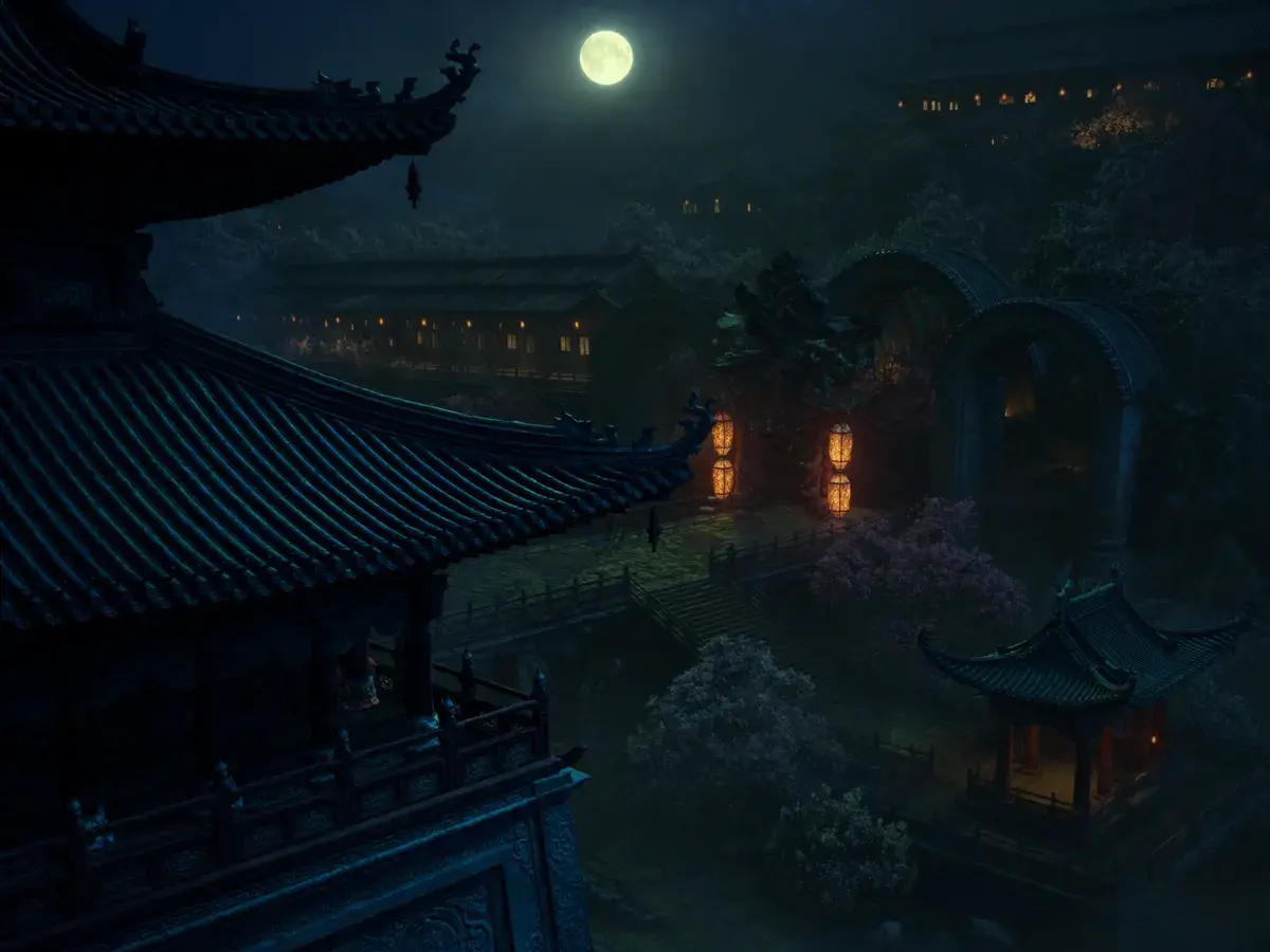 Lantern-lit pagoda temple beneath a full moon — placeholder cover art