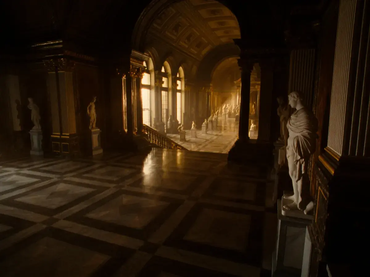 Grand museum gallery hall with marble statues — placeholder cover art