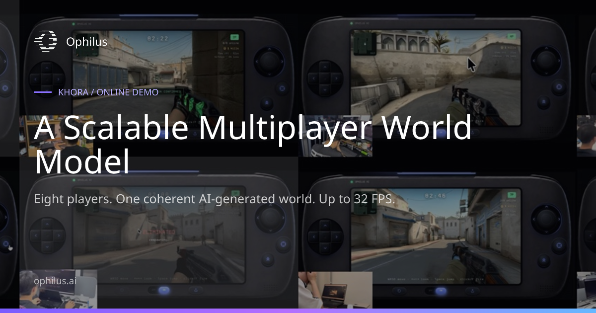 Ophilus Khora demo social card showing four handheld-device screens of live first-person multiplayer gameplay