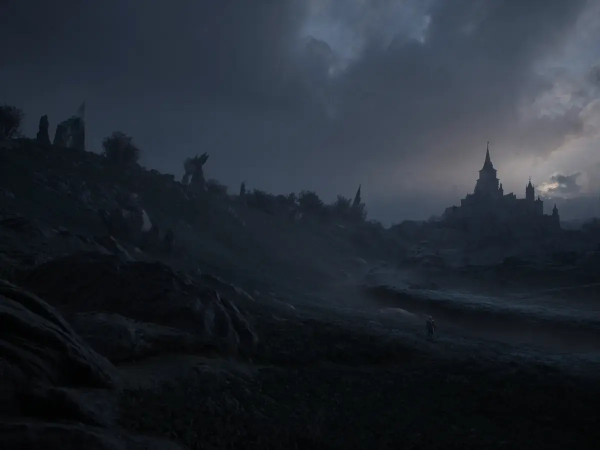 Armored character approaching a glowing castle on a misty hill — placeholder cover art