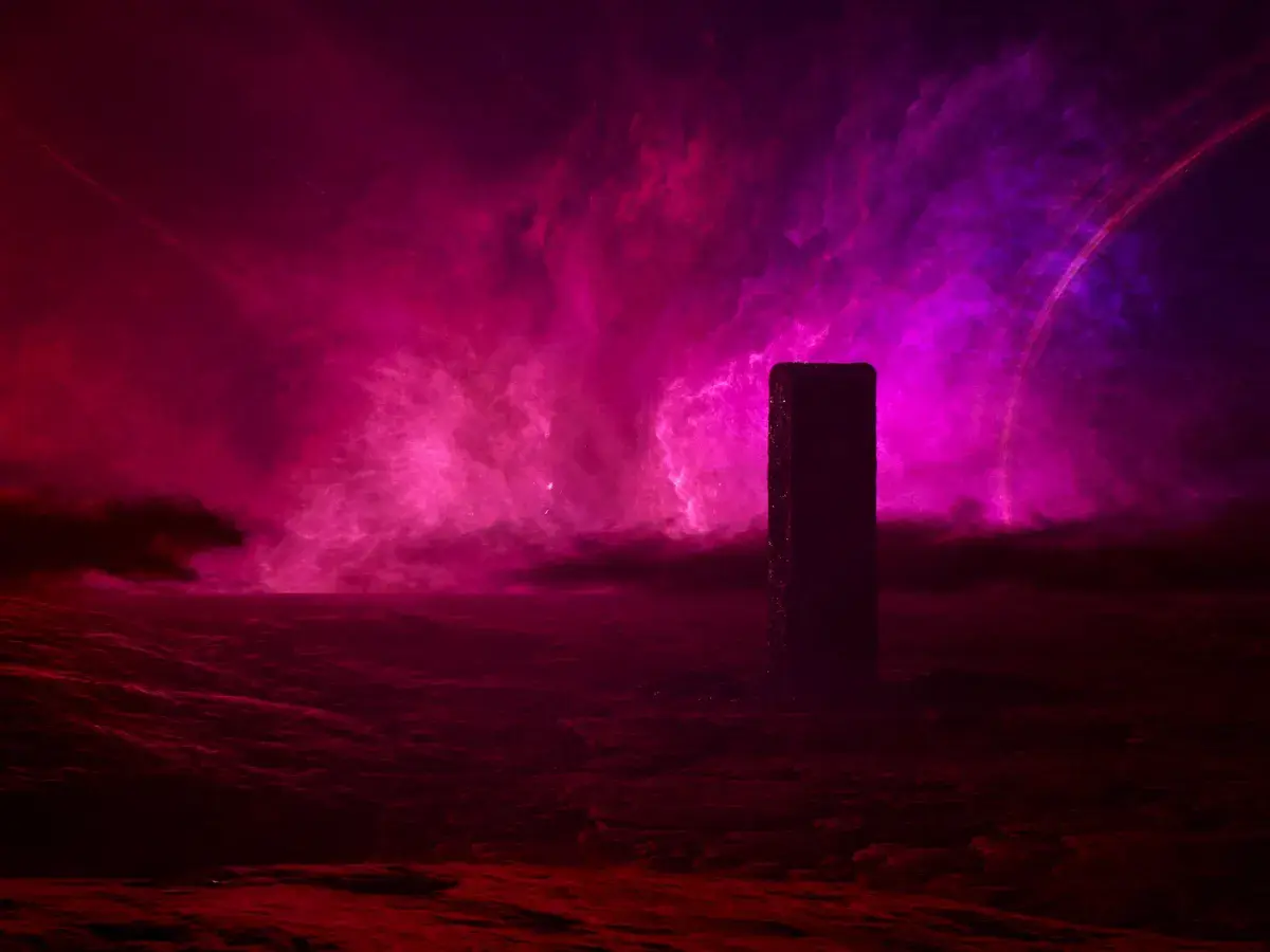 Dark monolith beneath a swirling magenta and violet nebula sky — placeholder cover art