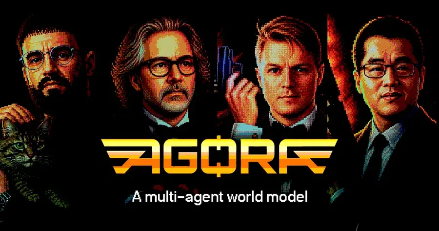 Official Agora-1 announcement artwork — "A multi-agent world model."