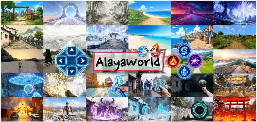 Official AlayaWorld paper teaser figure — a grid of generated interactive world scenes.