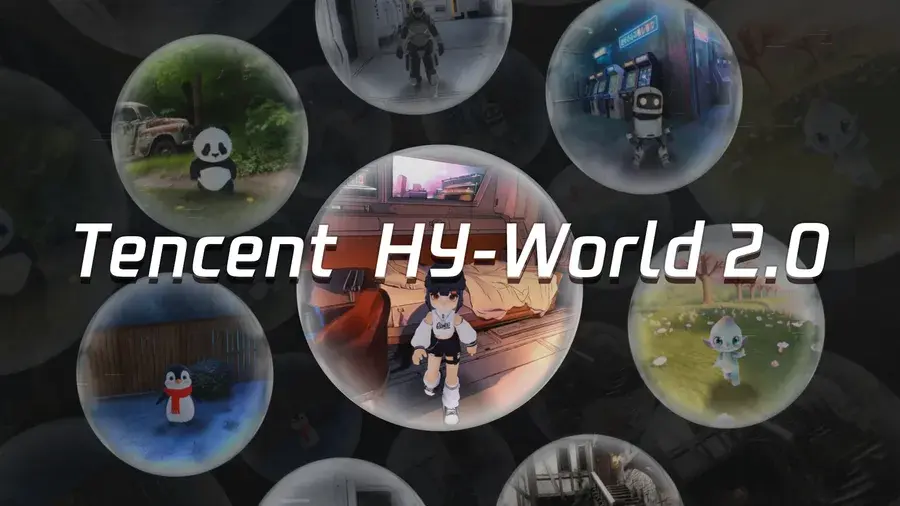 Official Tencent HY-World 2.0 project teaser showing generated 3D avatars and environments.