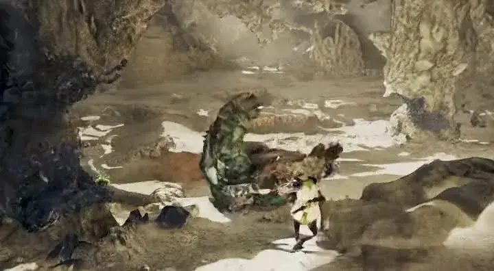 Official qualitative result frame from the Marionette paper — a game world model interacting with a creature in a cave environment.