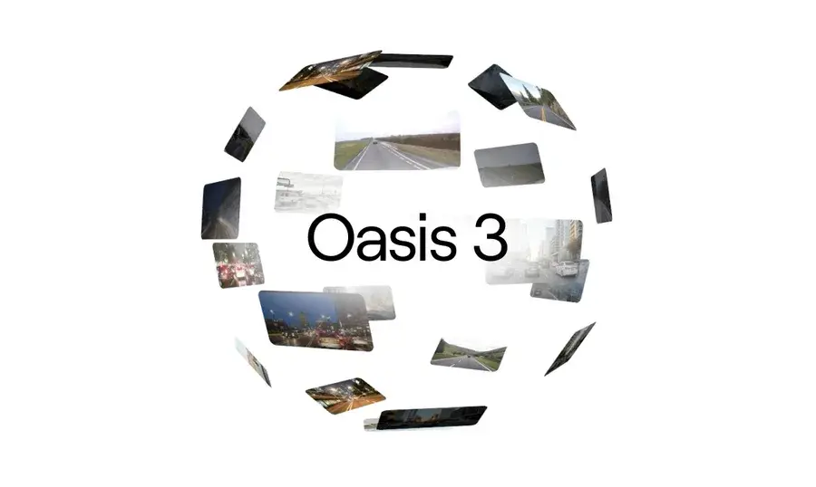 Official Oasis 3 branding image from Decart, arranging driving-scene photos in a circular composition.