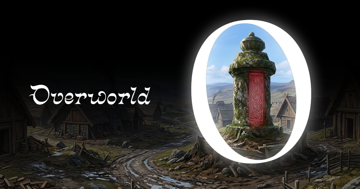 Official Overworld blog artwork for Waypoint-1.5 depicting a glowing portal in a village