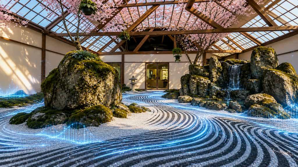 Synth Splat's audio-reactive Gaussian splat scene of a moss garden with glowing waveform overlays